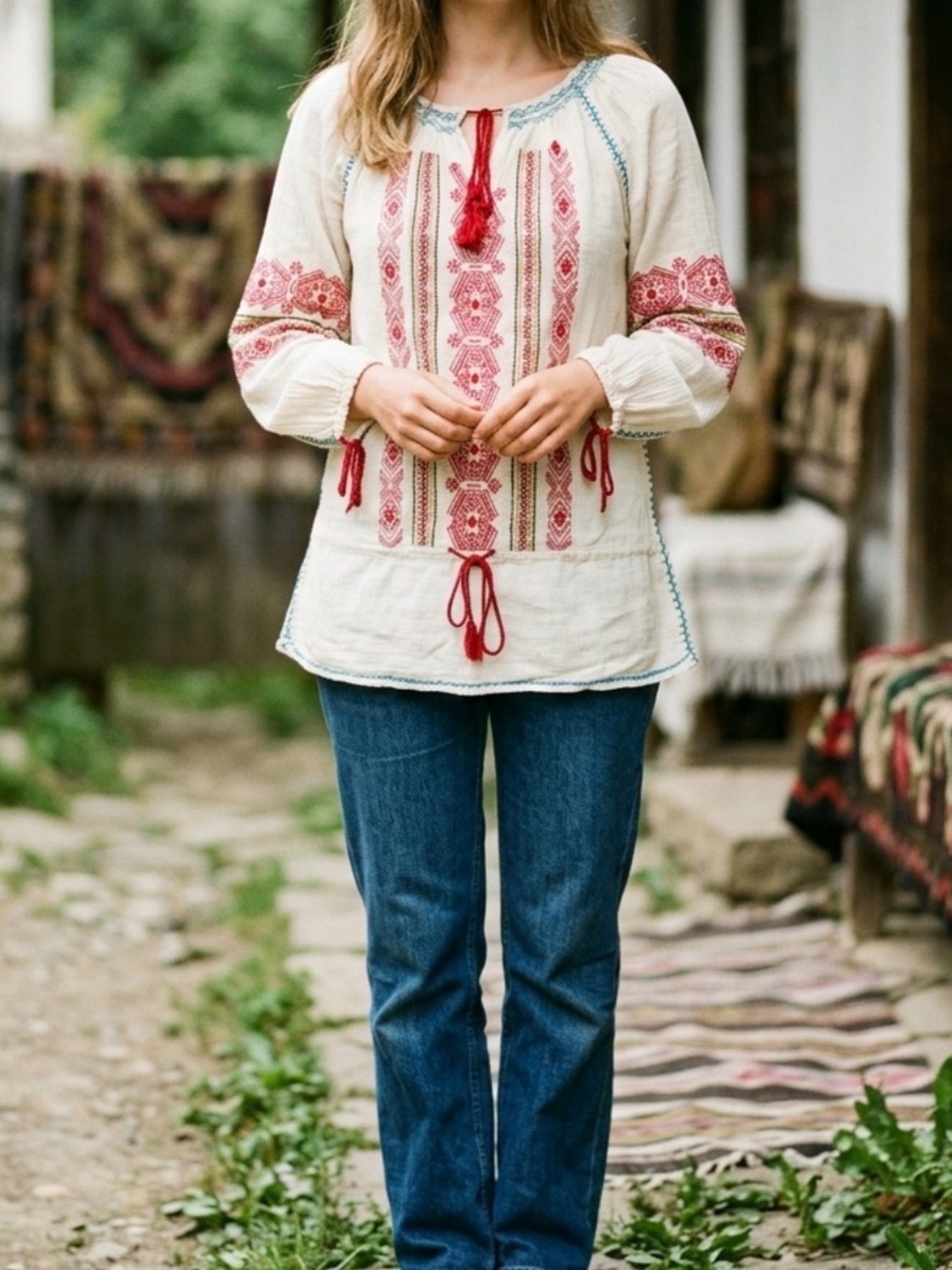 Free People Vintage Tunic Ivory Red Embroidery Gauze Cotton Boho Cottagecore 2